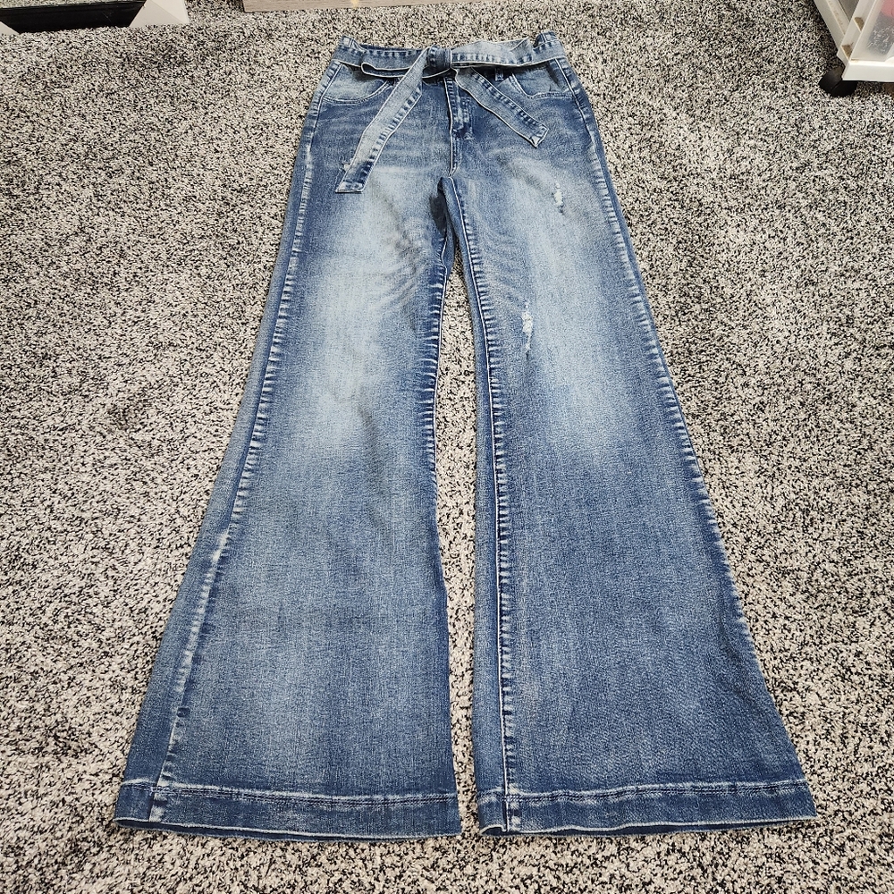 Y2k Denim by Jealous Tomato Hi Rise Flare Tie Waist Jeans Women Large 90s 2000s